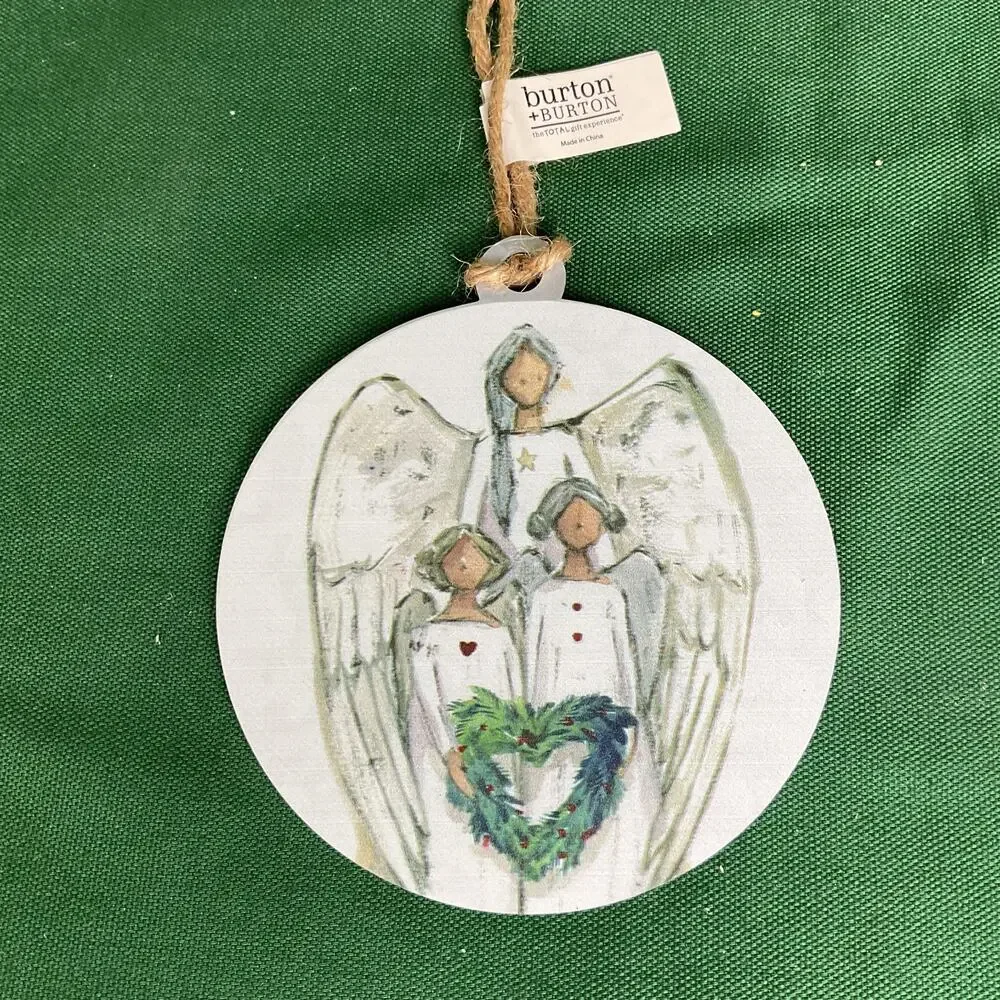 Burton + Burton Three Angels Holding Heart Wreath Flat Round Wooden Ornament